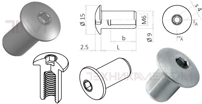 564С3 Гайка Эриксона М6 (Ø9 мм) полукруглая головка Ø15 мм, вн/ш 4